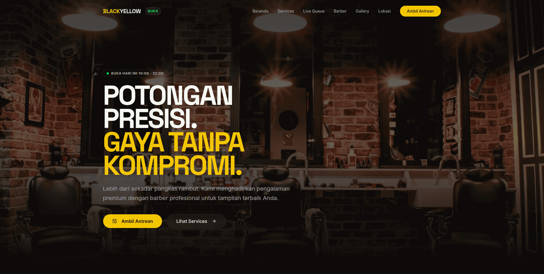 Preview konsep website Black Yellow Barbershop