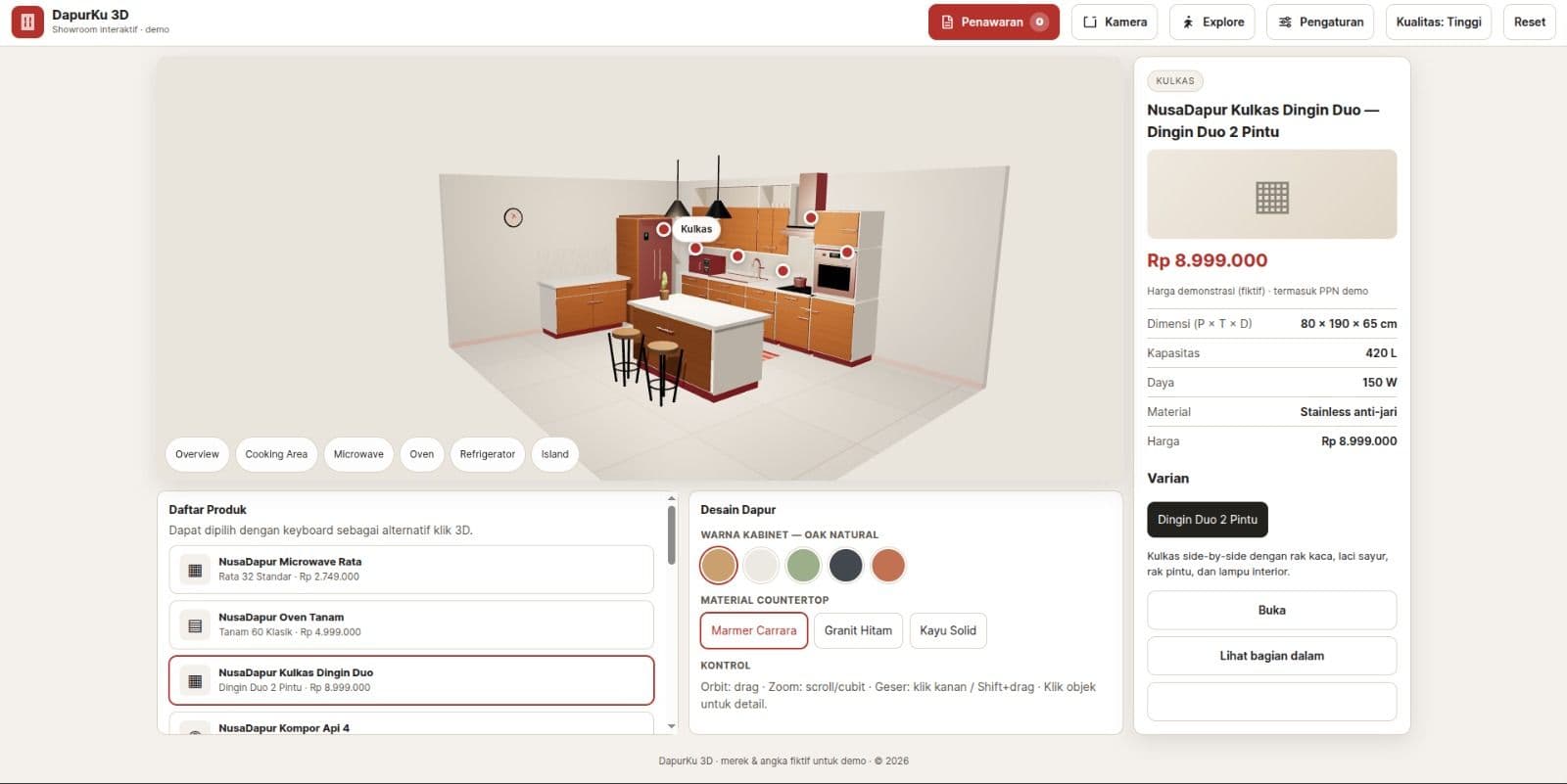 Preview showroom 3D interaktif Dapur Nusa dengan scene dapur, panel produk, dan kustomisasi warna kabinet