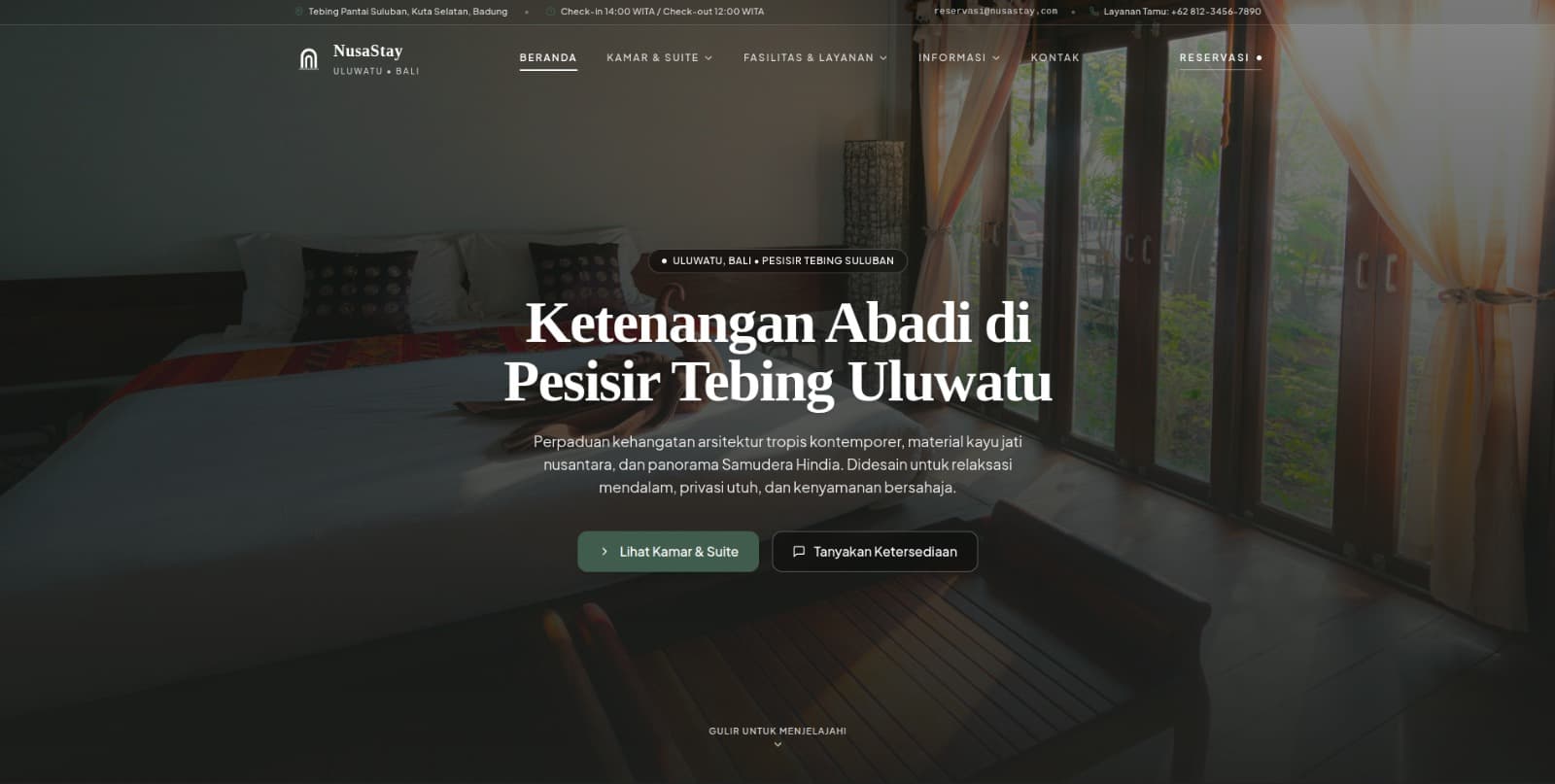 Desktop Preview konsep website NusaStay Uluwatu Sanctuary